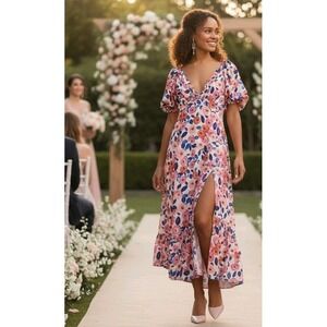 For Love & Lemons Gianna Midi Dress Floral Puff Sleeve Wedding Guest Cottagecore